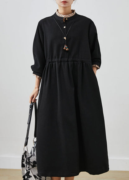 Black Drawstring Cotton Fake Two Piece Dresses Spring