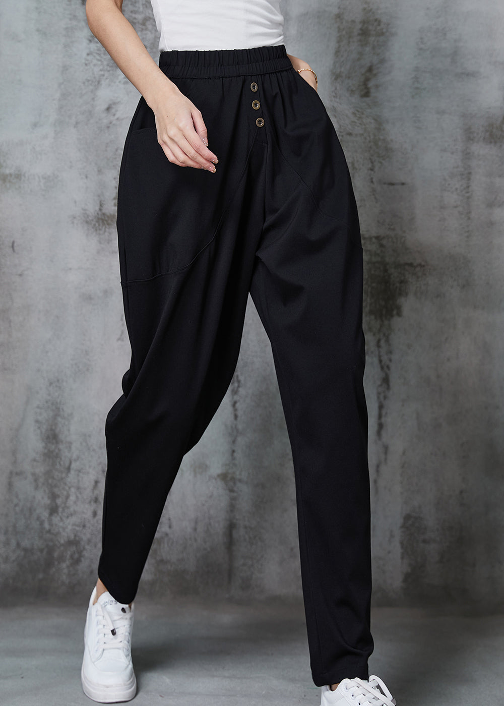 Black Elastic Waist Cotton Harem Pants Spring