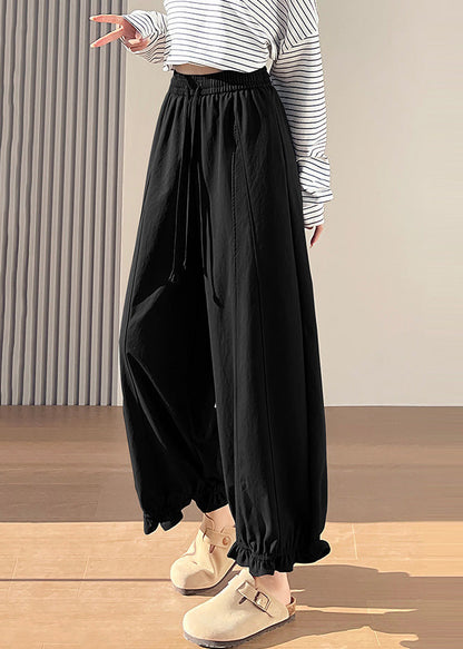Black Elastic Waist Ruffled Cotton Pants Spring