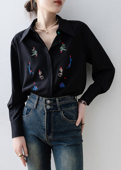 Plus Size Black Embroidered Chiffon Blouse Tops Spring