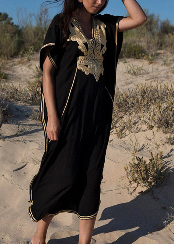 Black Embroidered Kaftan Tunic Maxi Beach Dress Short Sleeve