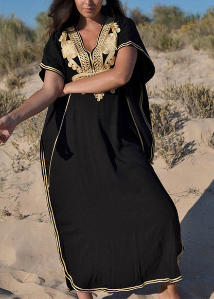 Black Embroidered Kaftan Tunic Maxi Beach Dress Short Sleeve