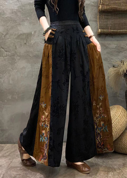 Black Embroideried Patchwork Pockets Silk Crop Pants Fall