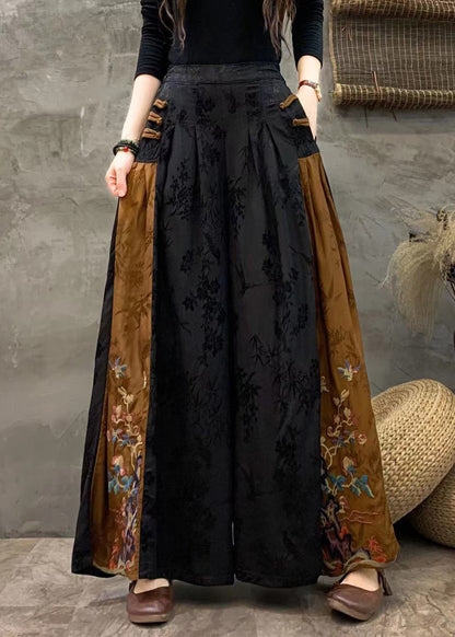Black Embroideried Patchwork Pockets Silk Crop Pants Fall