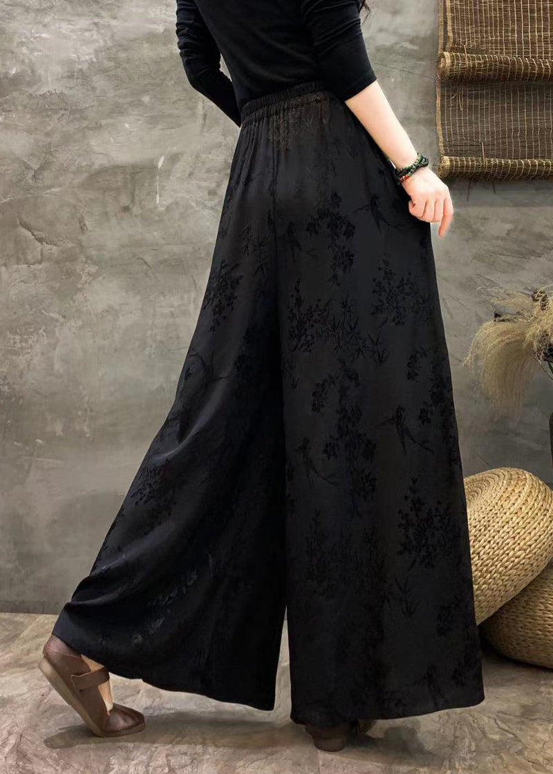 Black Embroideried Patchwork Pockets Silk Crop Pants Fall