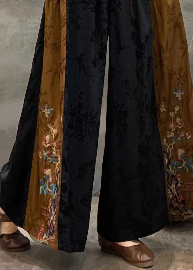 Black Embroideried Patchwork Pockets Silk Crop Pants Fall