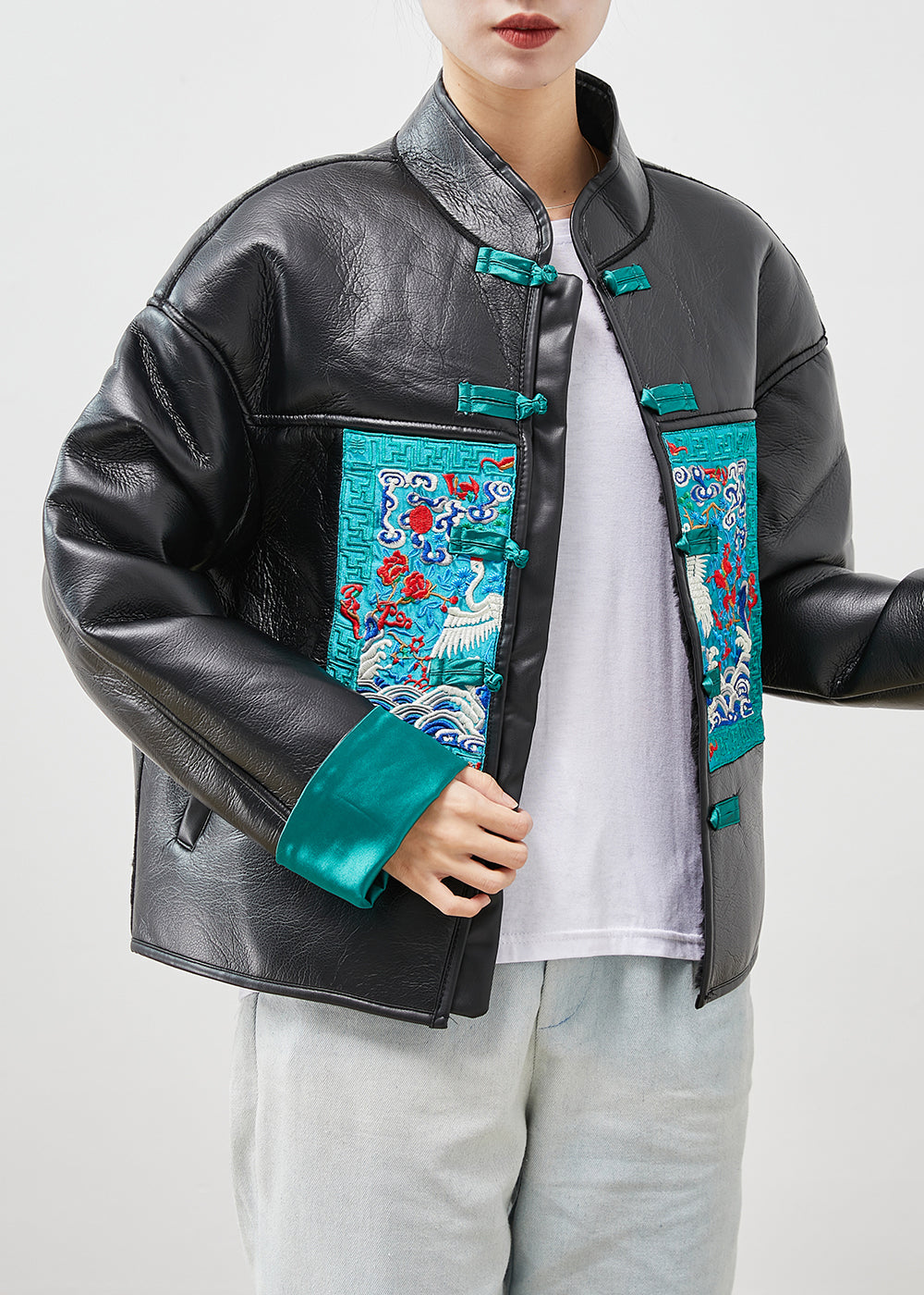 Black Print Patchwork Warm Fleece Faux Leather Jackets Winter