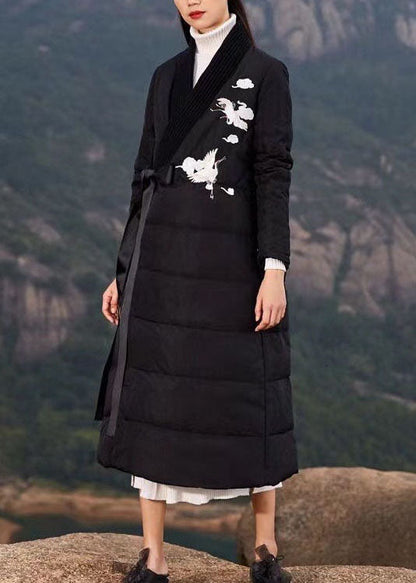 Black Embroideried Tie Waist Duck Down Puffer Coat Winter