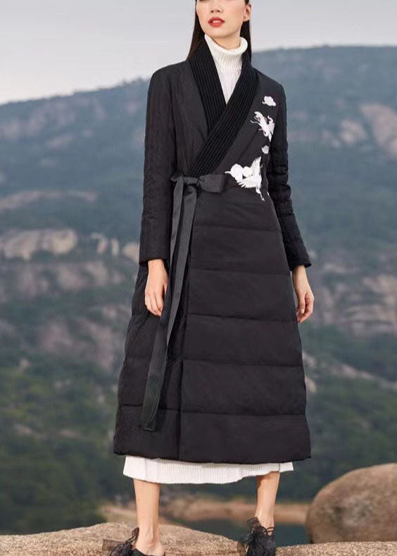 Black Embroideried Tie Waist Duck Down Puffer Coat Winter