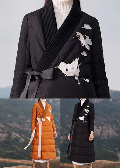 Black Embroideried Tie Waist Duck Down Puffer Coat Winter