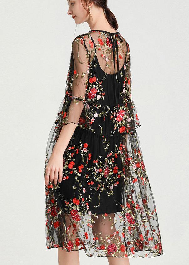 Black Embroidery Lace Dress Half Sleeve Sets 2 Pieces
