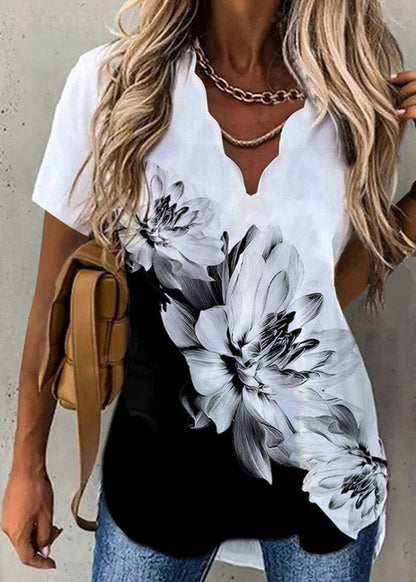 Black V Neck Print T Shirt Short Sleeve