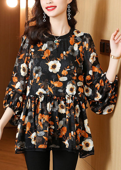 Black Wrinkled Patchwork Chiffon Blouse Top Summer