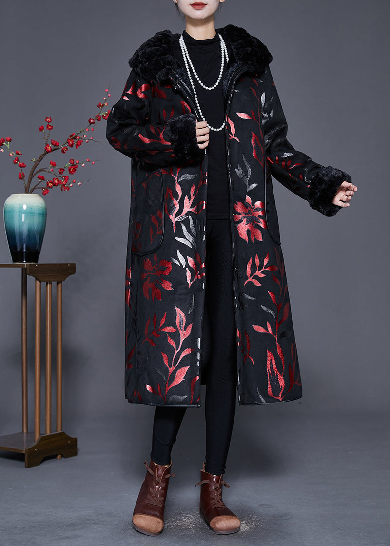 Black Fur Collar Print Warm Fleece Coats Winter