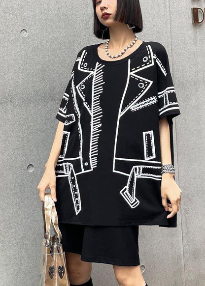 Black Graphic O-neck Cotton Shirt Top