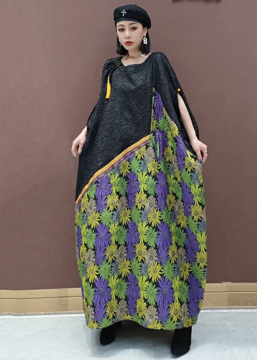 Black Green O-neck Patchwork Daisy Wrinkled Holiday Dress Short Sleeve