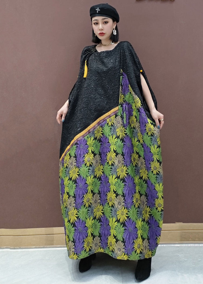 Black Green O-neck Patchwork Daisy Wrinkled Holiday Dress Short Sleeve