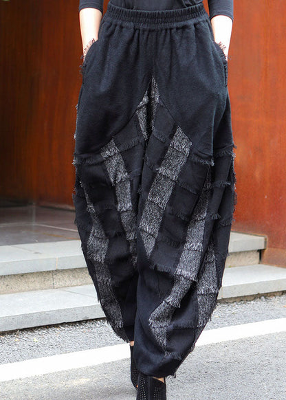 Black Grey Pockets Patchwork Winter Pants