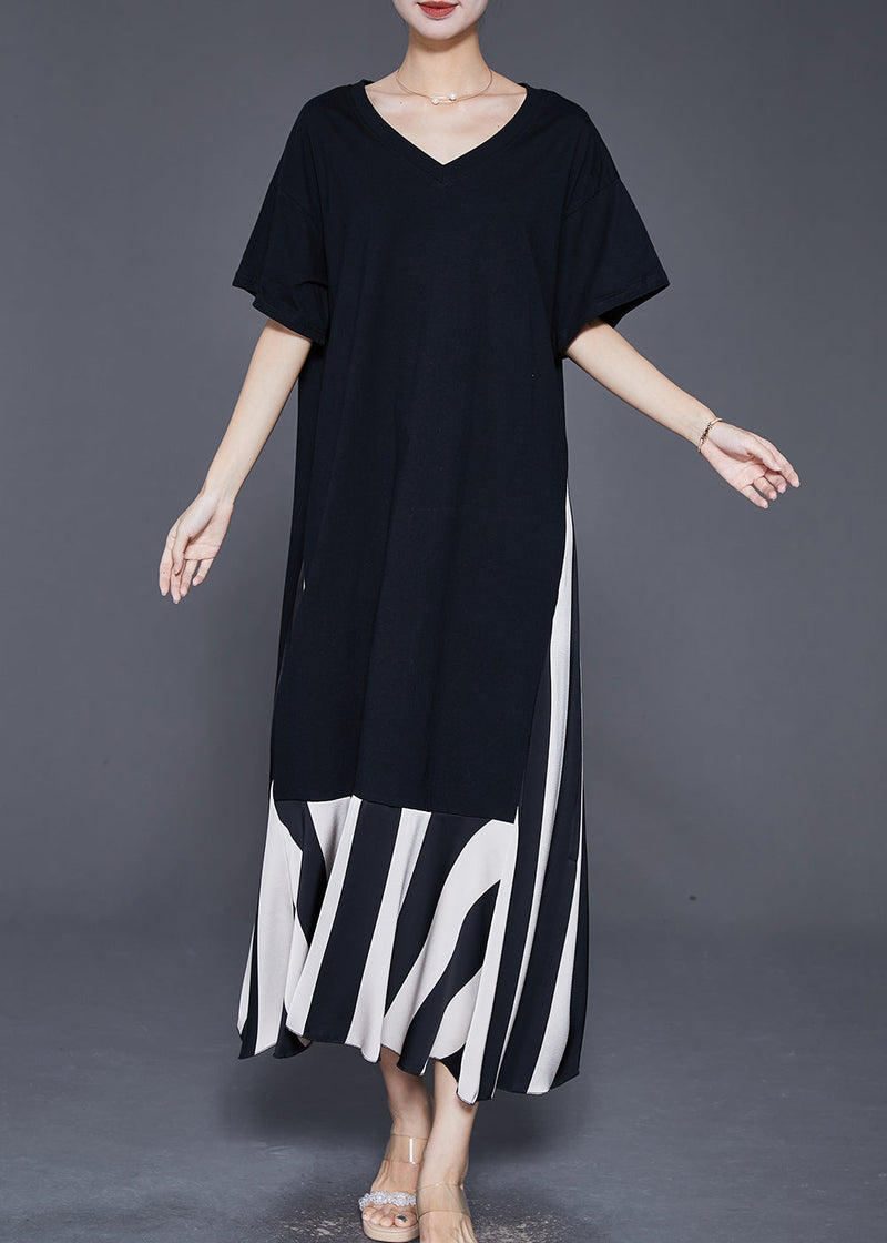 Black Heart Neck Patchwork Cotton Fake Two Piece Dress Summer