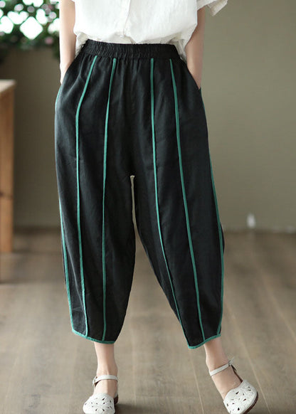 Black High Waist Pockets Striped Linen Crop Pants Summer