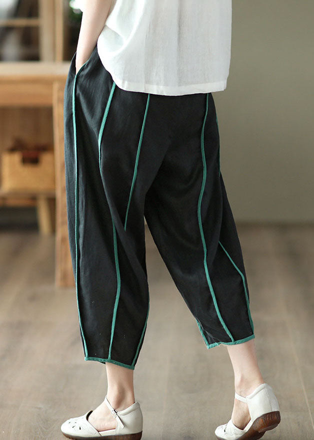 Black High Waist Pockets Striped Linen Crop Pants Summer