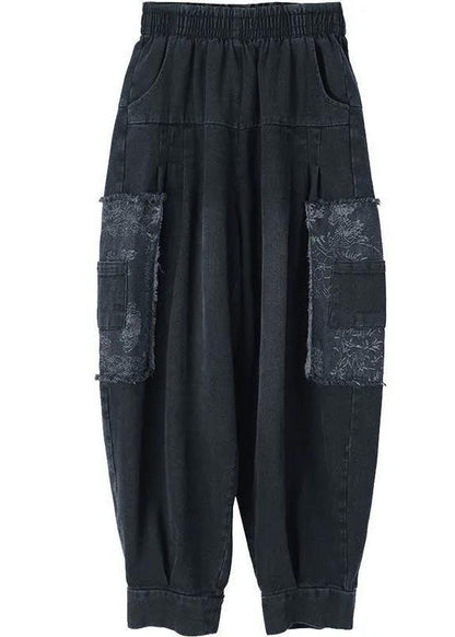 Black High Waist Pockets Wrinkled Patchwork Applique Cotton Harem Pants Fall