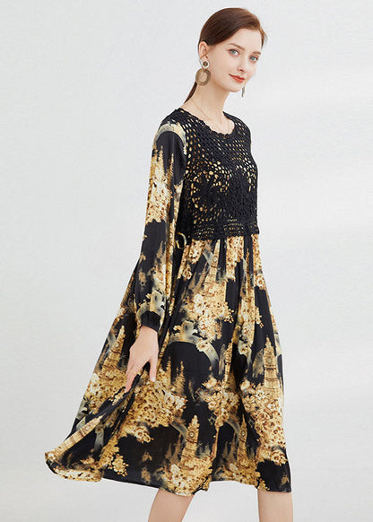 Black Hollow Out Print Dress Spring