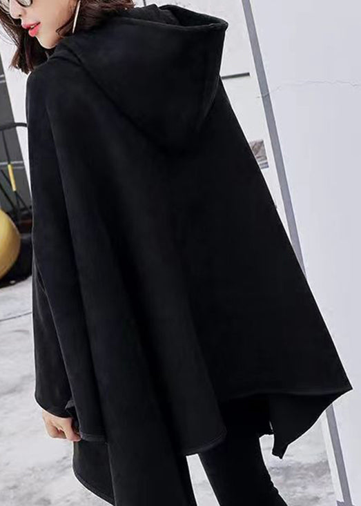 Black Hooded Asymmetrical Design Patchwork Faux Suede Sweatshirt Fall
