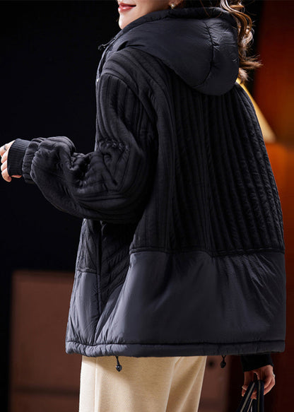 Black Hooded Button Cotton Filled Coat Long Sleeve