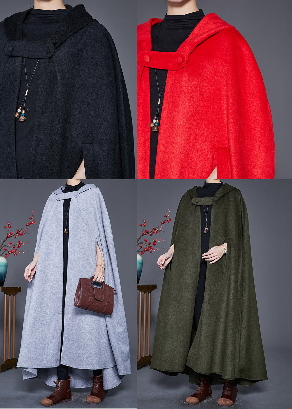 Black Hooded Oversized Woolen Trench Cloak Sleeves