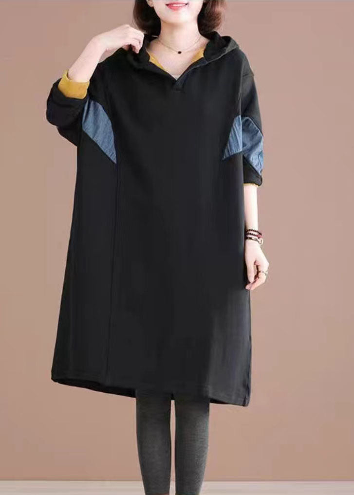 Black Hooded Patchwork Warm Fleece Loose Sweatshirt Dress Winter