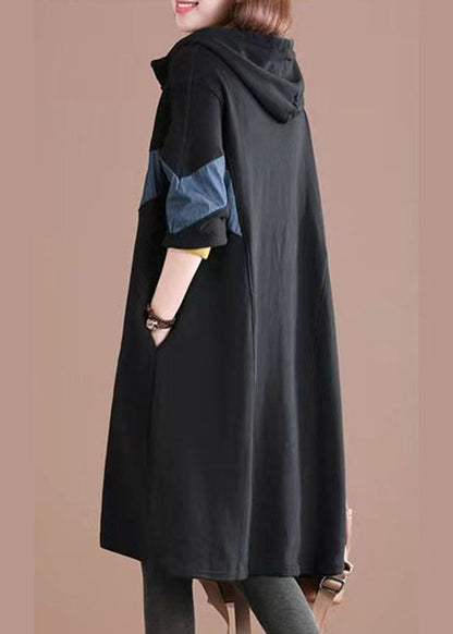 Black Hooded Patchwork Warm Fleece Loose Sweatshirt Dress Winter