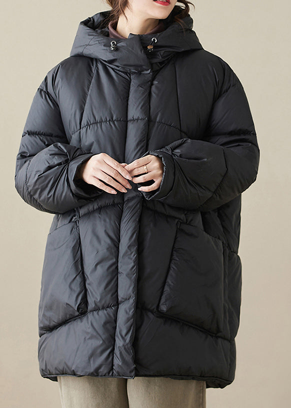 Black Hooded Pockets Fine Cotton Filled Parka Winter