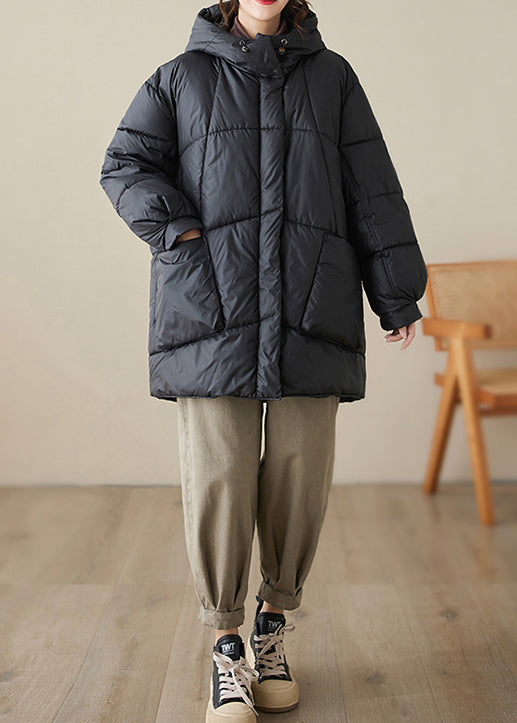 Black Hooded Pockets Fine Cotton Filled Parka Winter