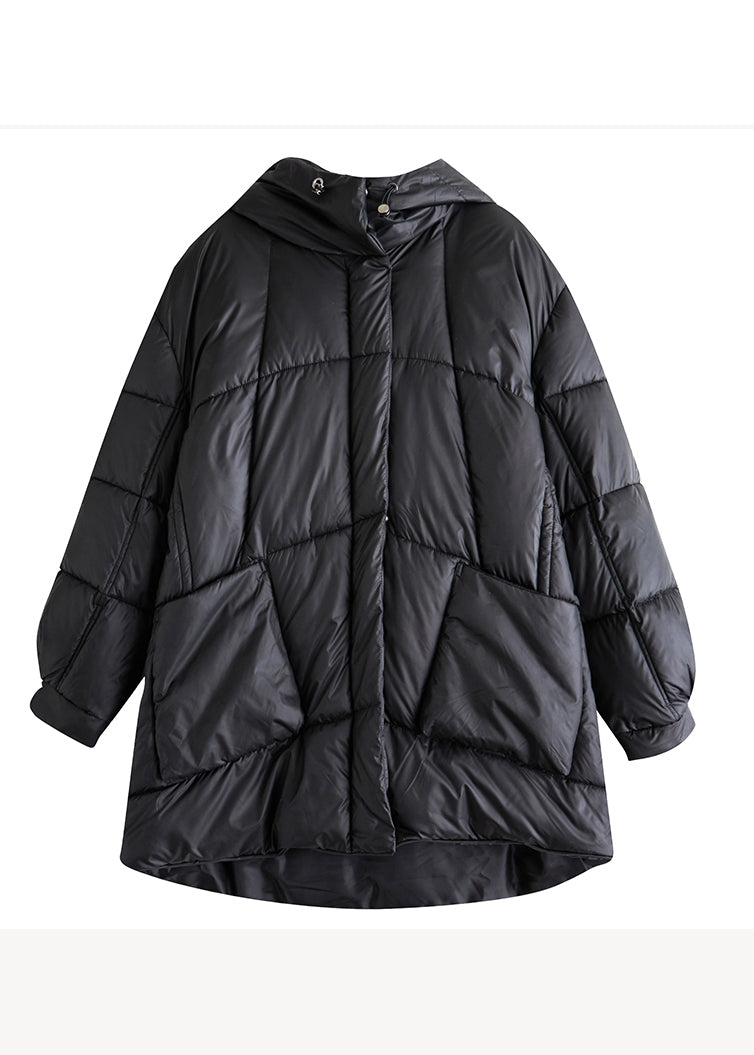 Black Hooded Pockets Fine Cotton Filled Parka Winter