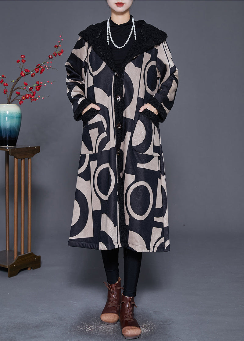 Black Hooded Print Fleece Wool Lined Trench Winter