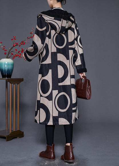 Black Hooded Print Fleece Wool Lined Trench Winter