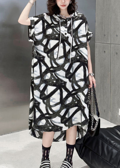 Black Hooded Print Patchwork Silk Cotton Long Dress Summer
