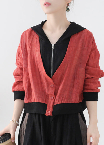 Black Hooded Zippered Pockets Linen Coat Long Sleeve