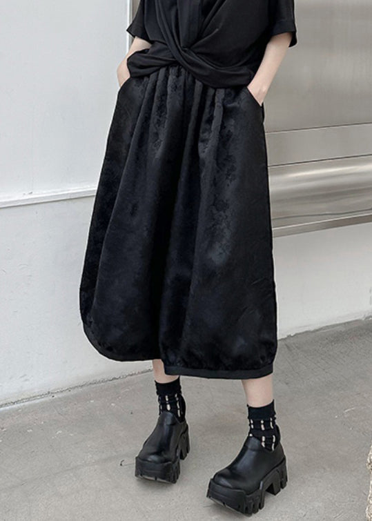 Black Jacquard High Waist Patchwork Silk Lantern Pants Fall