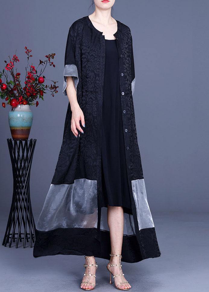 Black Jacquard Patchwork Silk Cardigans Long