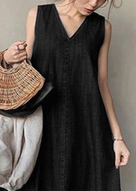 Black Necek Tie Patchwork Holiday Maxi Denim Dress Sleeveless
