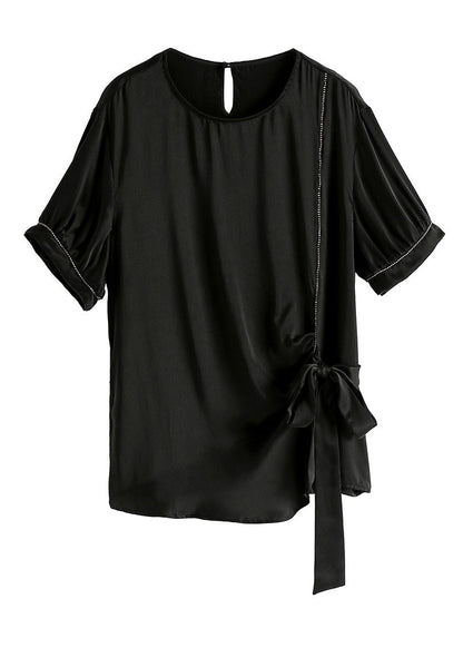 Black O-neck Drawstring Tie Waist Silk T Shirt Summer
