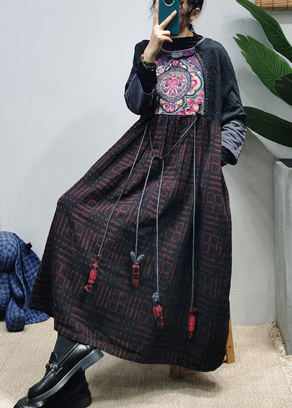 Black O-neck Embroideried Patchwork Jacquard Long Dress Long Sleeve