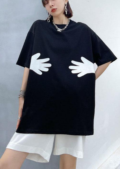 Black O Neck Hug Pattern Cotton Tee
