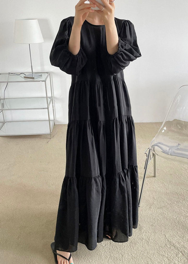Black O-neck Patchwork Backless Cotton Maxi Dress Bracelet Sleeve