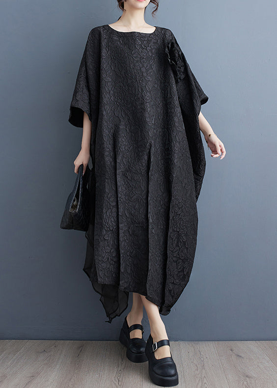Black O-neck Patchwork Cotton Long Dresses Batwing Sleeve