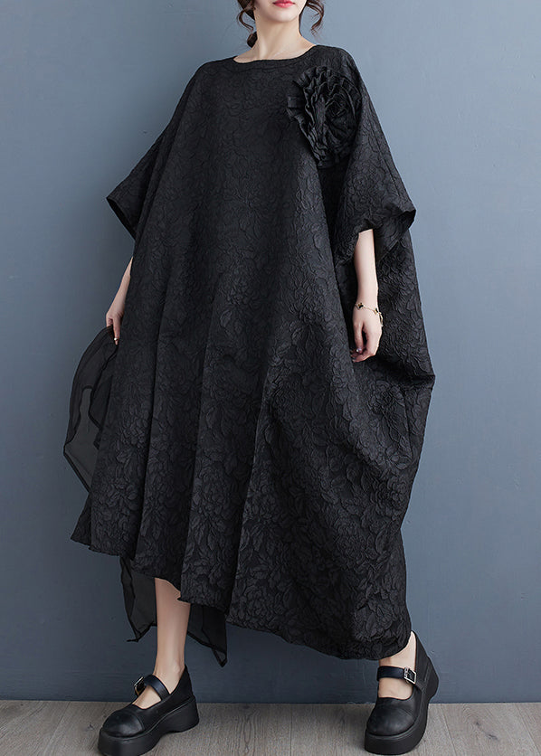 Black O-neck Patchwork Cotton Long Dresses Batwing Sleeve