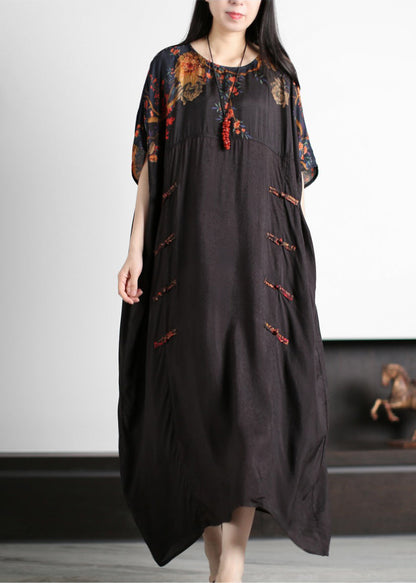 Black O-neck Patchwork Red Silk Ankle Dress Short Sleeve