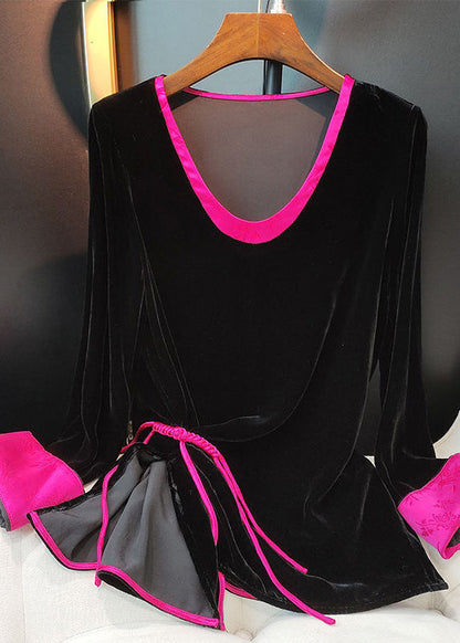 Plus Size Black O-Neck Patchwork Side Open Silk Velour Shirts Long Sleeve